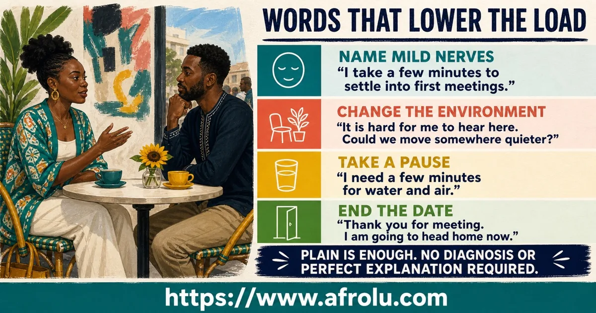 First-date scripts for saying you feel nervous, requesting a quieter table, taking a pause, and ending the meeting
