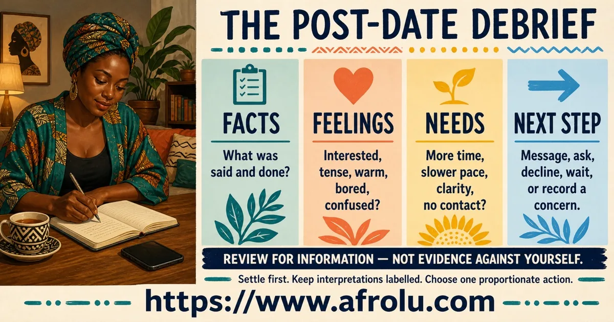 Post-date debrief with four columns for facts, feelings, needs, and a proportionate next step