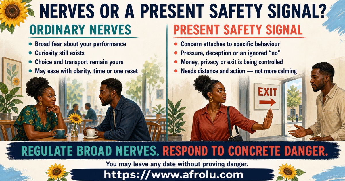 Comparison of ordinary first-date nerves and a present unsafe signal using curiosity, specificity, boundaries, and behaviour