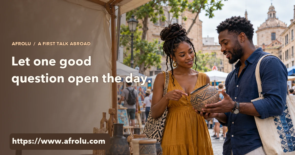 Two adults at an outdoor art fair discuss a handmade clay bowl during a first meeting.