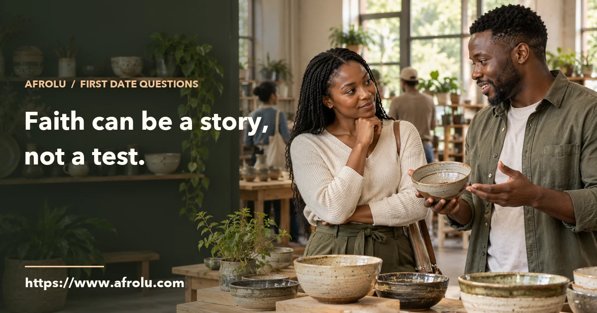 Two adults talk beside handmade bowls at a public pottery studio.