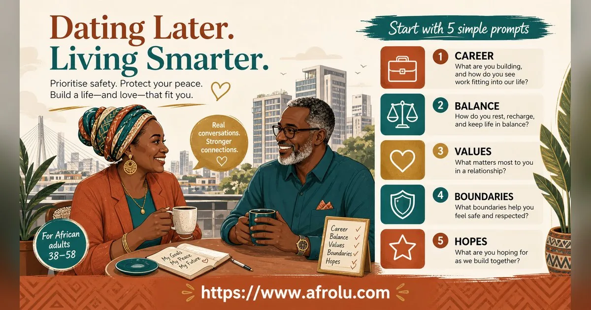 First Date Questions That Feel Natural: Build a Two-Person Conversation for Late Entrants: Safety-first in Career-Heavy Seasons: Afrolu conversation example