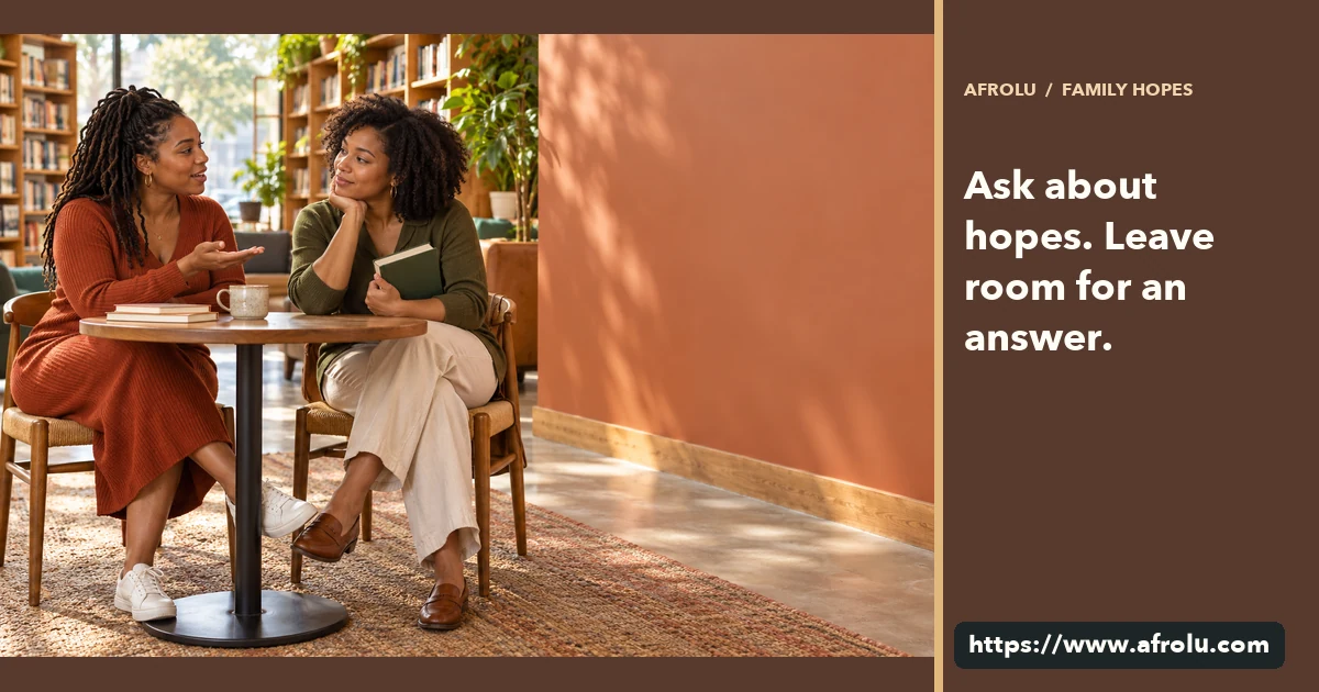 Two adults listen to each other during a first-date conversation at a public bookshop lounge.