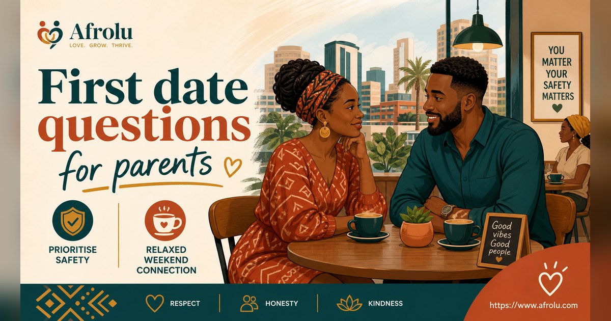 First Date Questions That Feel Natural: Build a Two-Person Conversation for Parents Returning To Dating: Safety-first in Weekend-First Dating: Afrolu overview illustration