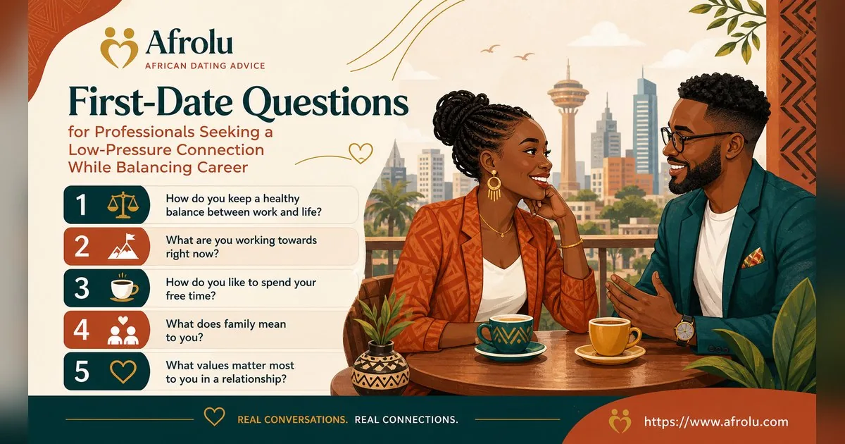 First Date Questions That Feel Natural: Build a Two-Person Conversation for Professionals: Low-pressure in Career-Heavy Seasons: Afrolu conversation example