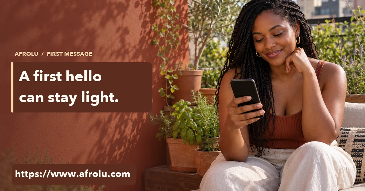 A woman in a rooftop garden pauses over a blank-screen phone before sending a first hello.