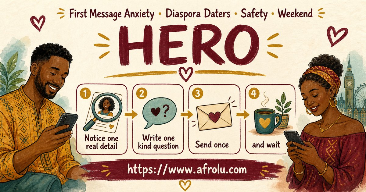First Message Anxiety: Send a Doorway, Not an Audition for Diaspora Daters: Safety-first in Weekend-First Dating: Afrolu overview illustration