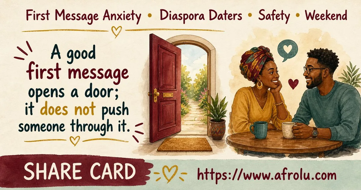 First Message Anxiety: Send a Doorway, Not an Audition for Diaspora Daters: Safety-first in Weekend-First Dating: Afrolu shareable reminder