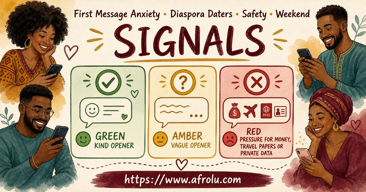 First Message Anxiety: Send a Doorway, Not an Audition for Diaspora Daters: Safety-first in Weekend-First Dating: Afrolu signal checklist