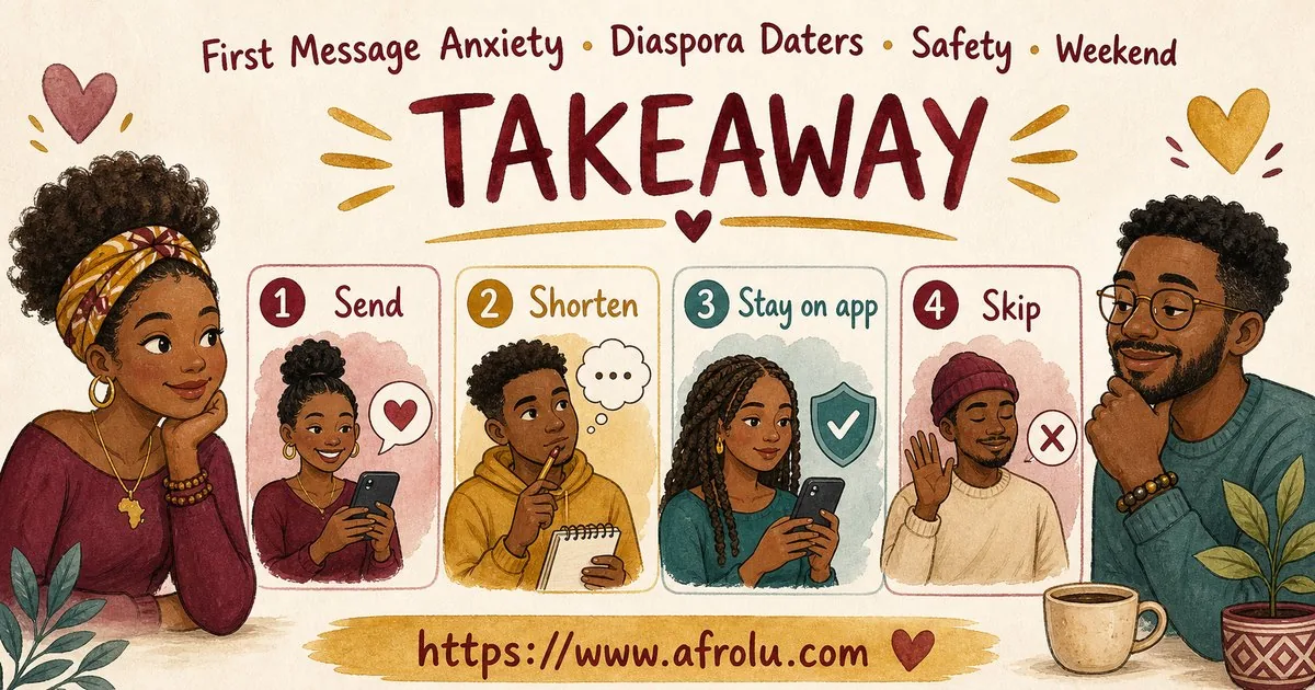 First Message Anxiety: Send a Doorway, Not an Audition for Diaspora Daters: Safety-first in Weekend-First Dating: Afrolu practical takeaway