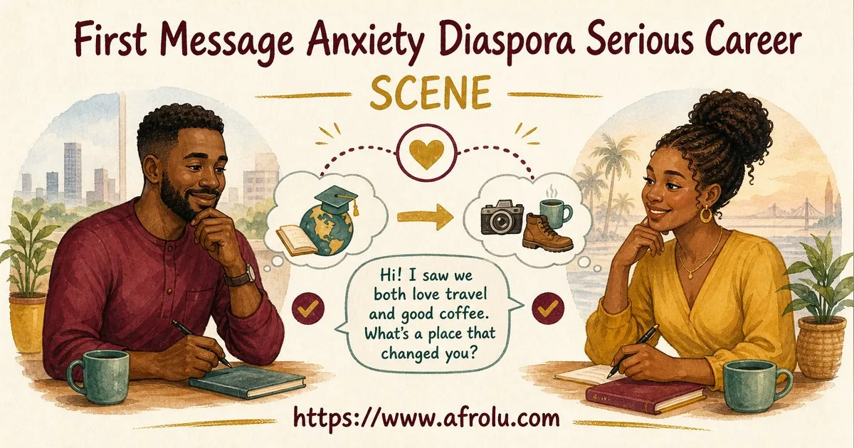 First Message Anxiety: Send a Doorway, Not an Audition for Diaspora Daters: Intent-first in Career-Heavy Seasons: Afrolu real-life scene