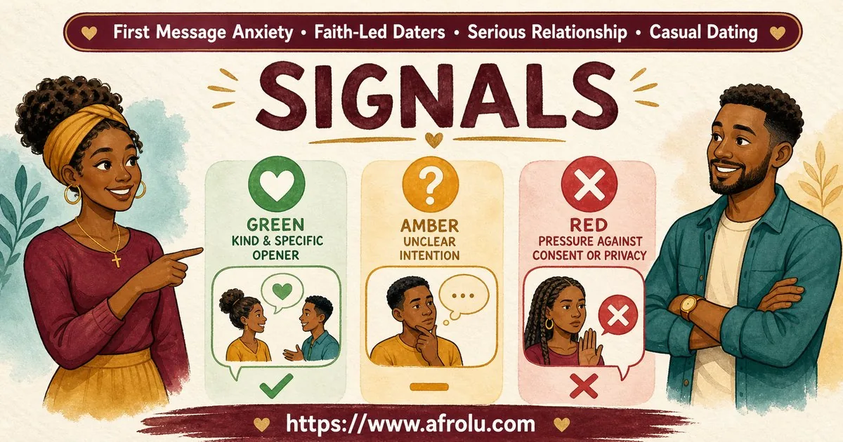 First Message Anxiety: Send a Doorway, Not an Audition for Faith-Led Daters: Intent-first in Casual-But-Honest Dating: Afrolu signal checklist