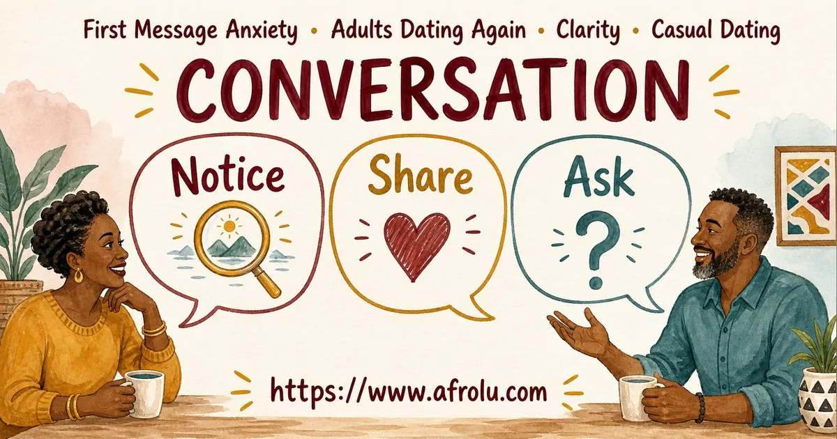 First Message Anxiety: Send a Doorway, Not an Audition for Late Entrants: Clarity-first in Casual-But-Honest Dating: Afrolu conversation example