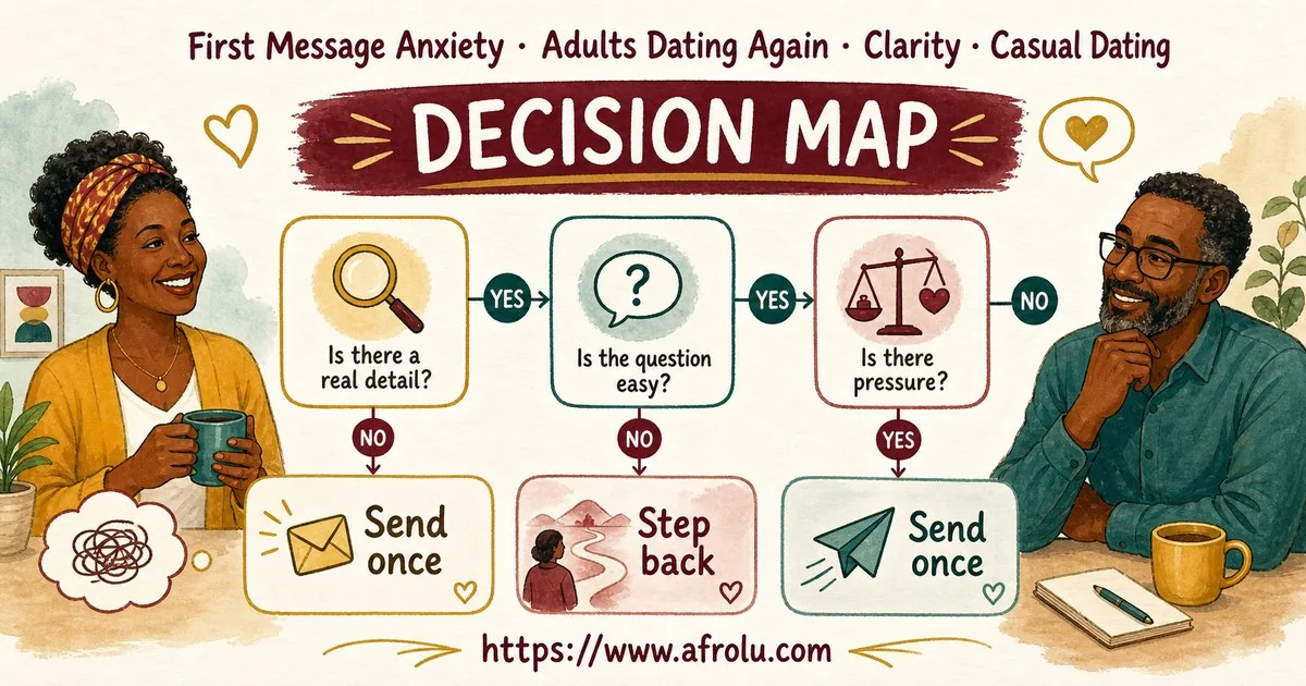 First Message Anxiety: Send a Doorway, Not an Audition for Late Entrants: Clarity-first in Casual-But-Honest Dating: Afrolu decision path