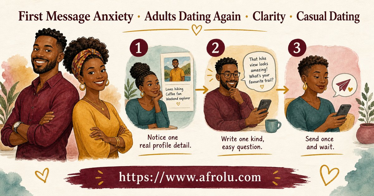 First Message Anxiety: Send a Doorway, Not an Audition for Late Entrants: Clarity-first in Casual-But-Honest Dating: Afrolu overview illustration