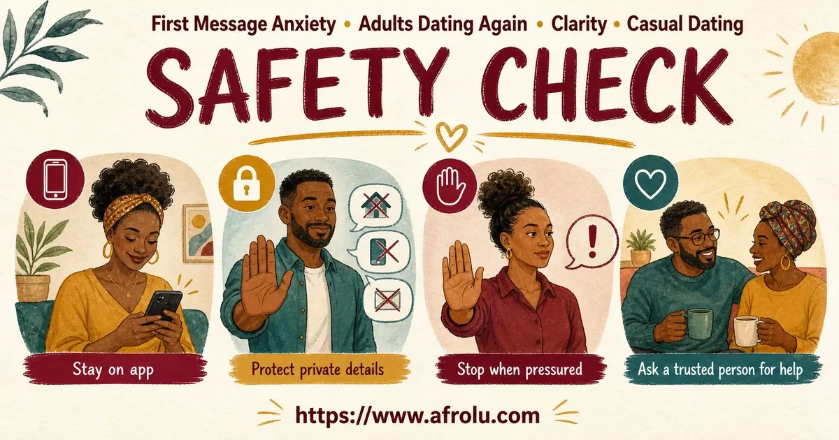 First Message Anxiety: Send a Doorway, Not an Audition for Late Entrants: Clarity-first in Casual-But-Honest Dating: Afrolu safety checklist