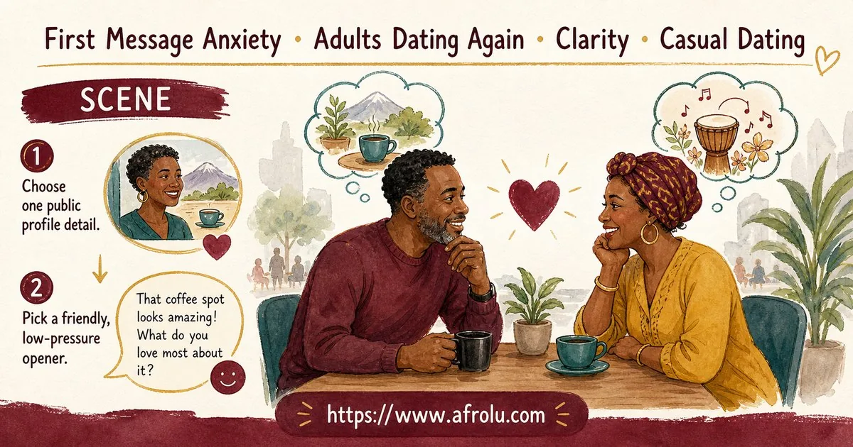 First Message Anxiety: Send a Doorway, Not an Audition for Late Entrants: Clarity-first in Casual-But-Honest Dating: Afrolu real-life scene
