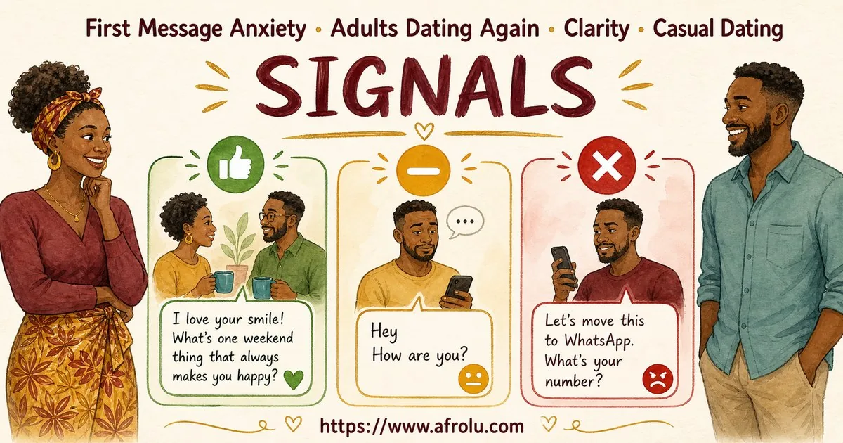 First Message Anxiety: Send a Doorway, Not an Audition for Late Entrants: Clarity-first in Casual-But-Honest Dating: Afrolu signal checklist