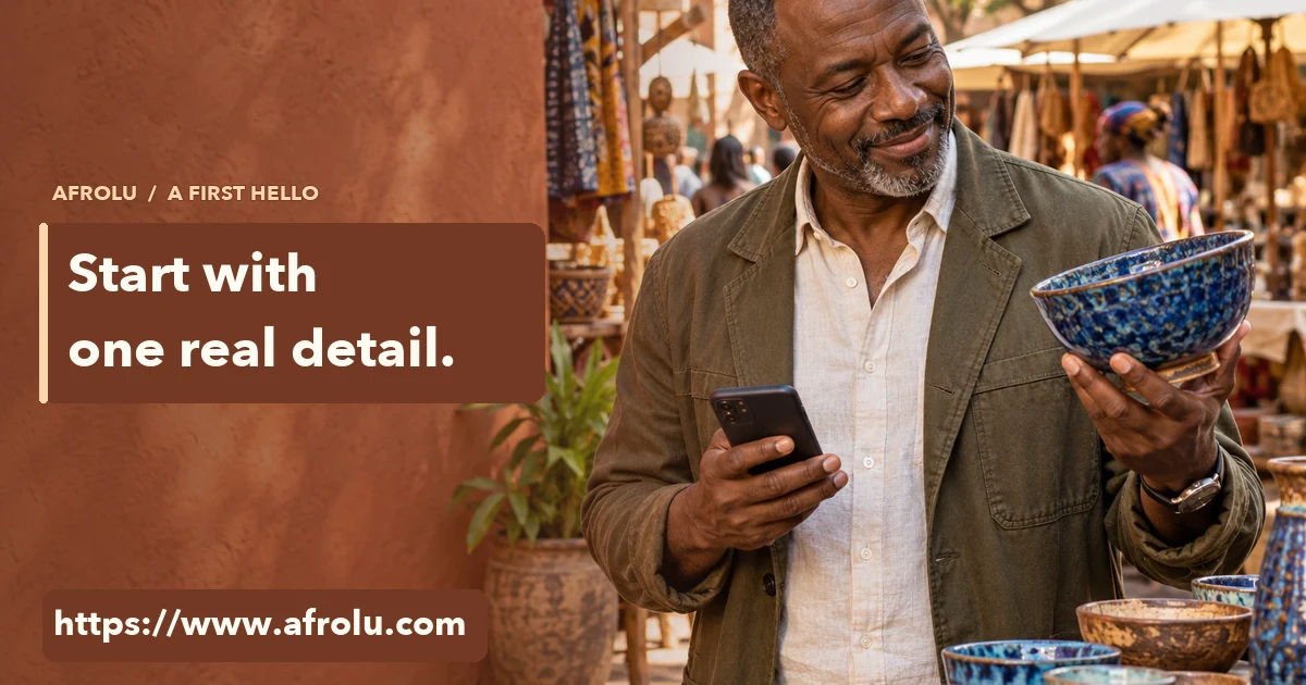 An older adult at a Nairobi craft market notices a blue handmade bowl while holding his phone.