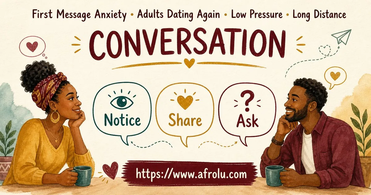 First Message Anxiety: Send a Doorway, Not an Audition for Late Entrants: Low-pressure in Distance-Aware Dating: Afrolu conversation example