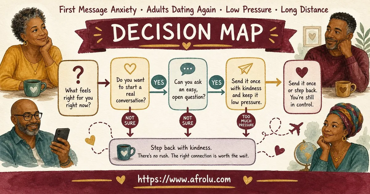 First Message Anxiety: Send a Doorway, Not an Audition for Late Entrants: Low-pressure in Distance-Aware Dating: Afrolu decision path