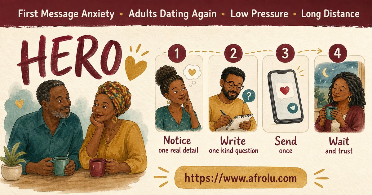 First Message Anxiety: Send a Doorway, Not an Audition for Late Entrants: Low-pressure in Distance-Aware Dating: Afrolu overview illustration