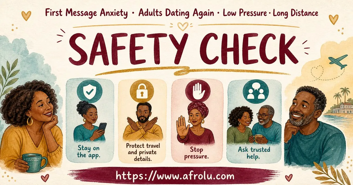 First Message Anxiety: Send a Doorway, Not an Audition for Late Entrants: Low-pressure in Distance-Aware Dating: Afrolu safety checklist