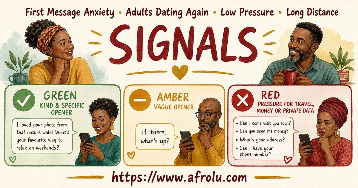 First Message Anxiety: Send a Doorway, Not an Audition for Late Entrants: Low-pressure in Distance-Aware Dating: Afrolu signal checklist