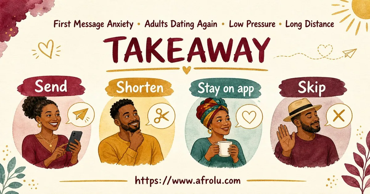 First Message Anxiety: Send a Doorway, Not an Audition for Late Entrants: Low-pressure in Distance-Aware Dating: Afrolu practical takeaway