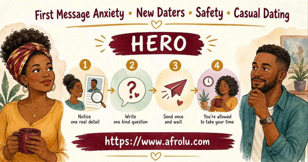 First Message Anxiety: Send a Doorway, Not an Audition for New Relationship Starters: Safety-first in Casual-But-Honest Dating: Afrolu overview illustration