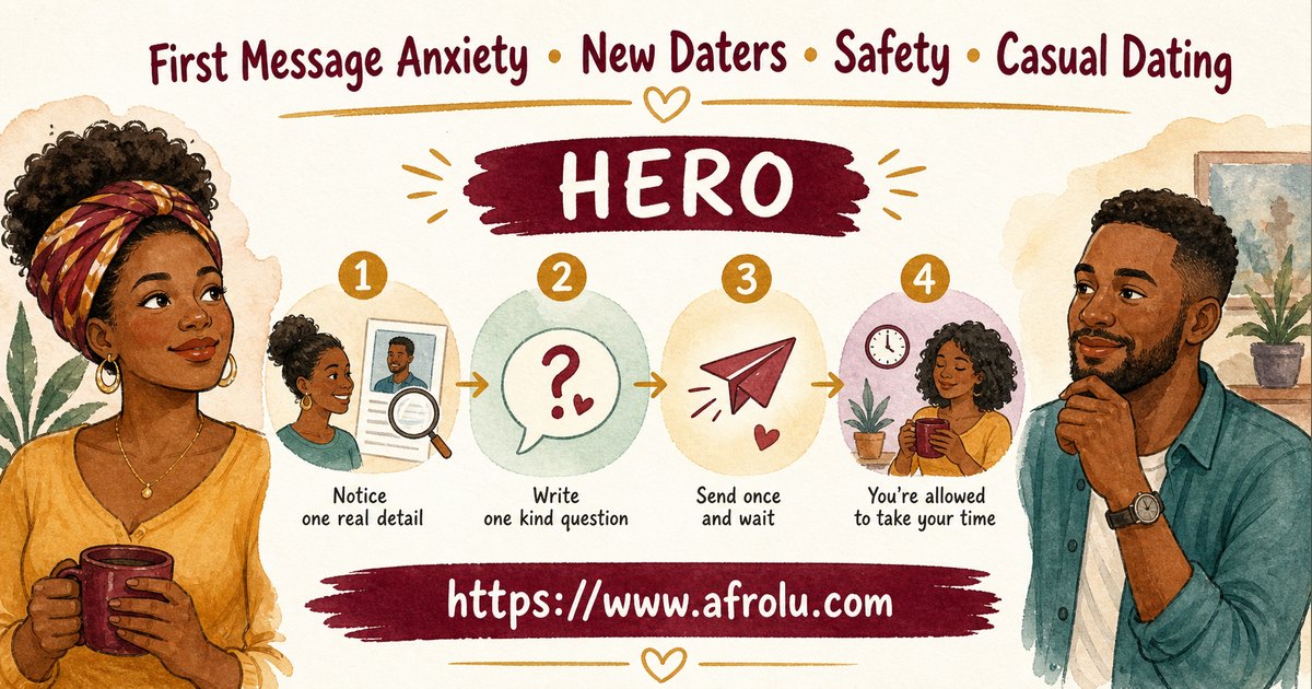 First Message Anxiety: Send a Doorway, Not an Audition for New Relationship Starters: Safety-first in Casual-But-Honest Dating: Afrolu overview illustration