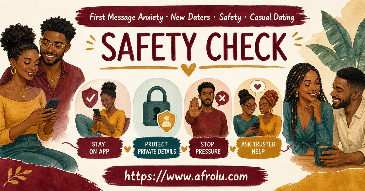 First Message Anxiety: Send a Doorway, Not an Audition for New Relationship Starters: Safety-first in Casual-But-Honest Dating: Afrolu safety checklist