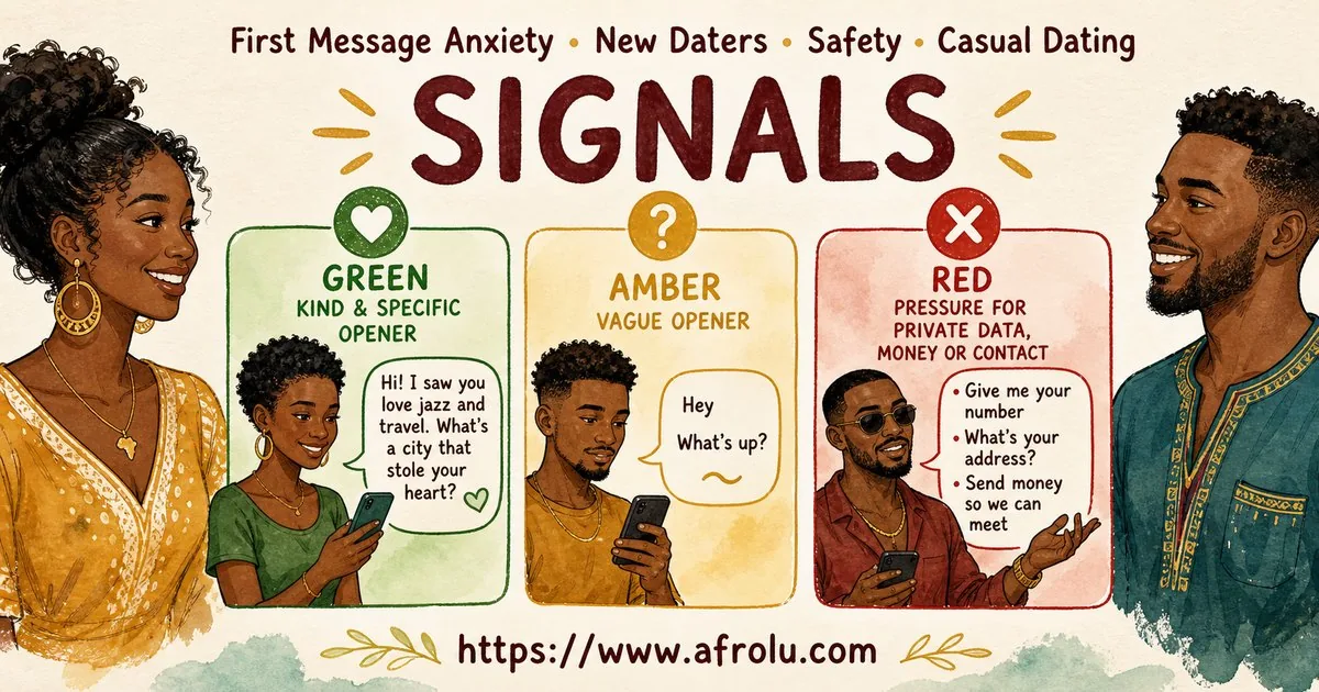 First Message Anxiety: Send a Doorway, Not an Audition for New Relationship Starters: Safety-first in Casual-But-Honest Dating: Afrolu signal checklist