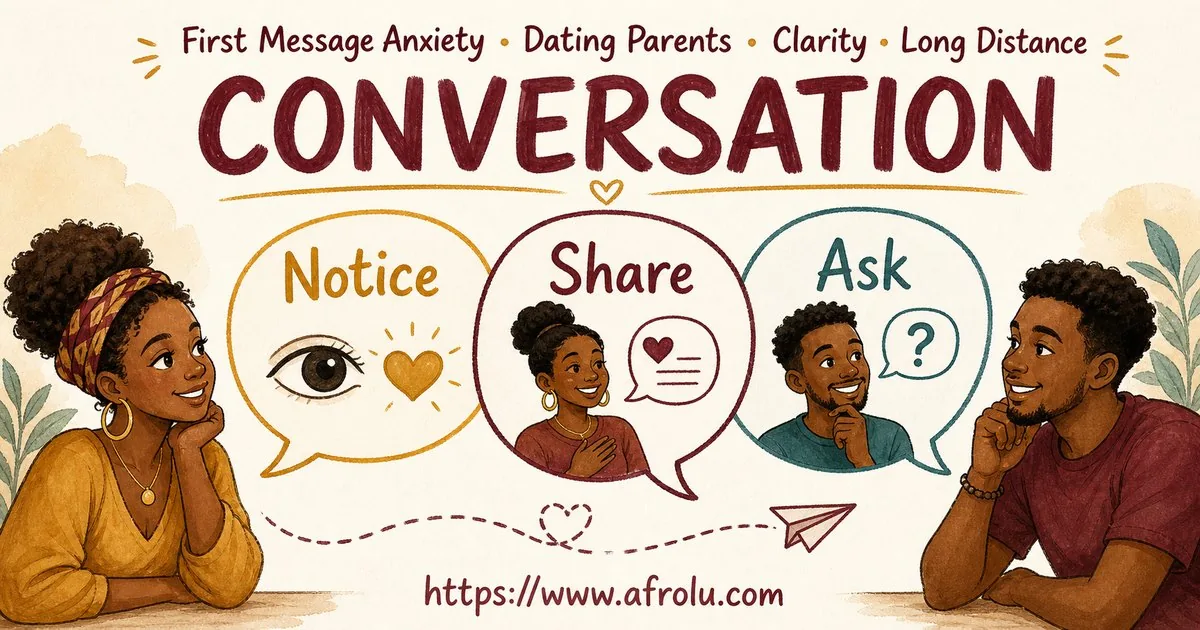 First Message Anxiety: Send a Doorway, Not an Audition for Parents Returning To Dating: Clarity-first in Distance-Aware Dating: Afrolu conversation example