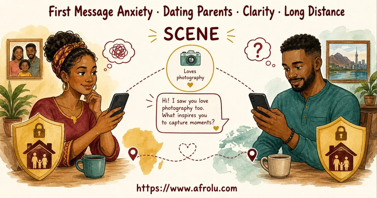 First Message Anxiety: Send a Doorway, Not an Audition for Parents Returning To Dating: Clarity-first in Distance-Aware Dating: Afrolu real-life scene