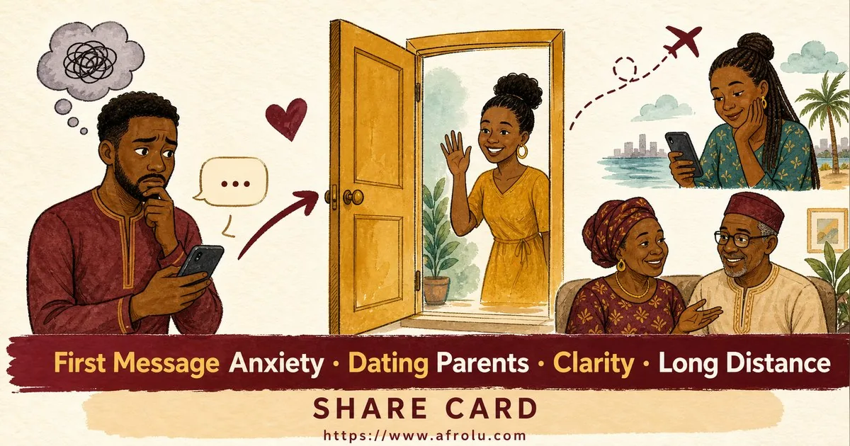 First Message Anxiety: Send a Doorway, Not an Audition for Parents Returning To Dating: Clarity-first in Distance-Aware Dating: Afrolu shareable reminder
