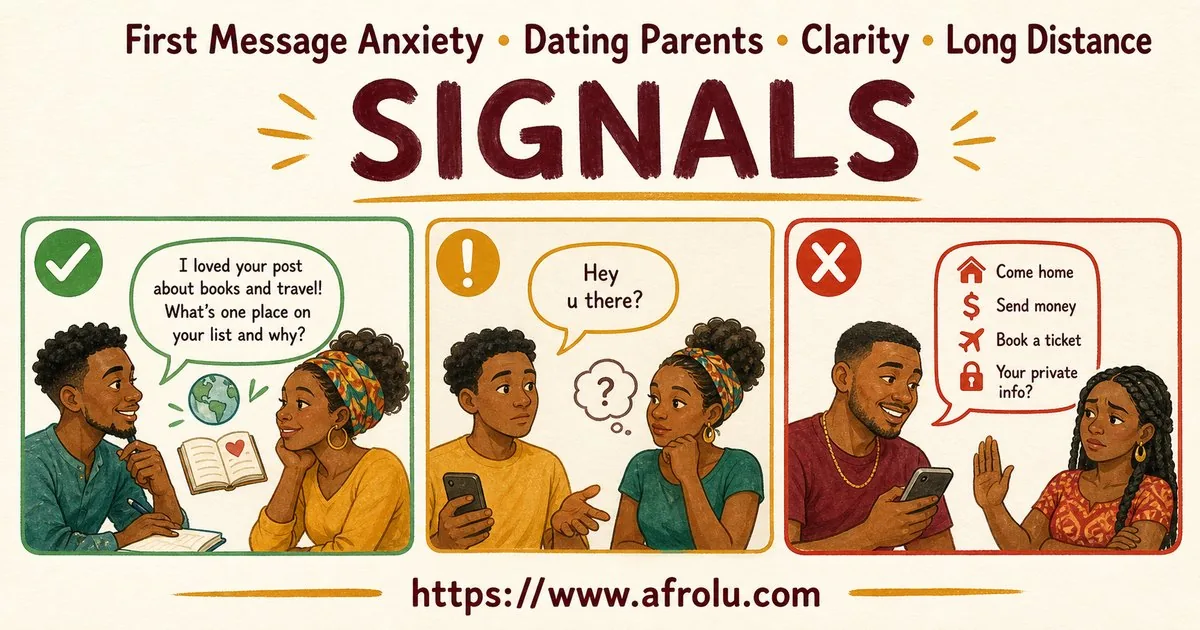 First Message Anxiety: Send a Doorway, Not an Audition for Parents Returning To Dating: Clarity-first in Distance-Aware Dating: Afrolu signal checklist
