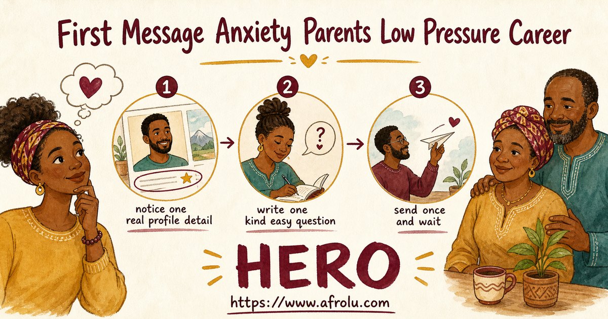 First Message Anxiety: Send a Doorway, Not an Audition for Parents Returning To Dating: Low-pressure in Career-Heavy Seasons: Afrolu overview illustration