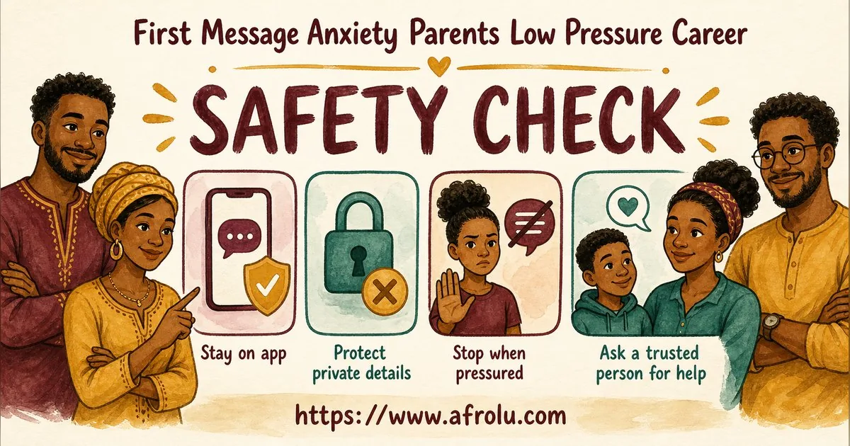 First Message Anxiety: Send a Doorway, Not an Audition for Parents Returning To Dating: Low-pressure in Career-Heavy Seasons: Afrolu safety checklist