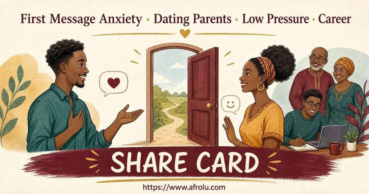 First Message Anxiety: Send a Doorway, Not an Audition for Parents Returning To Dating: Low-pressure in Career-Heavy Seasons: Afrolu shareable reminder