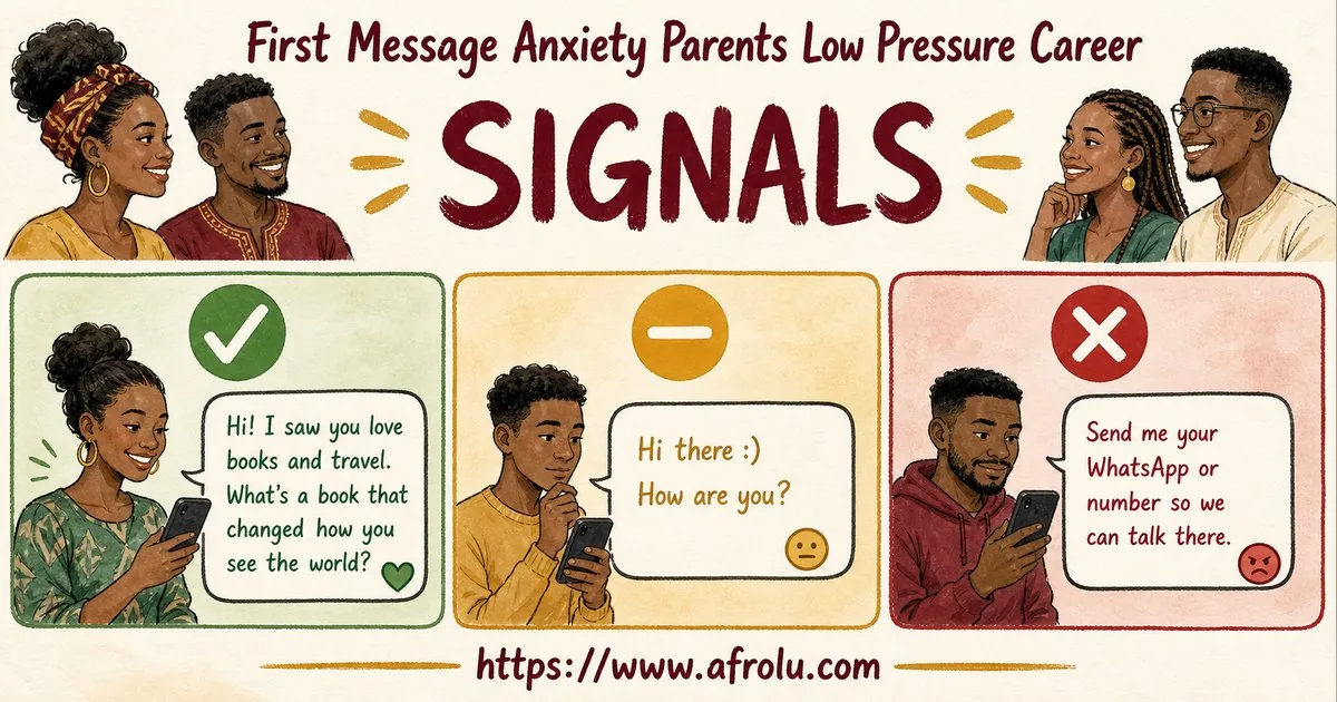 First Message Anxiety: Send a Doorway, Not an Audition for Parents Returning To Dating: Low-pressure in Career-Heavy Seasons: Afrolu signal checklist