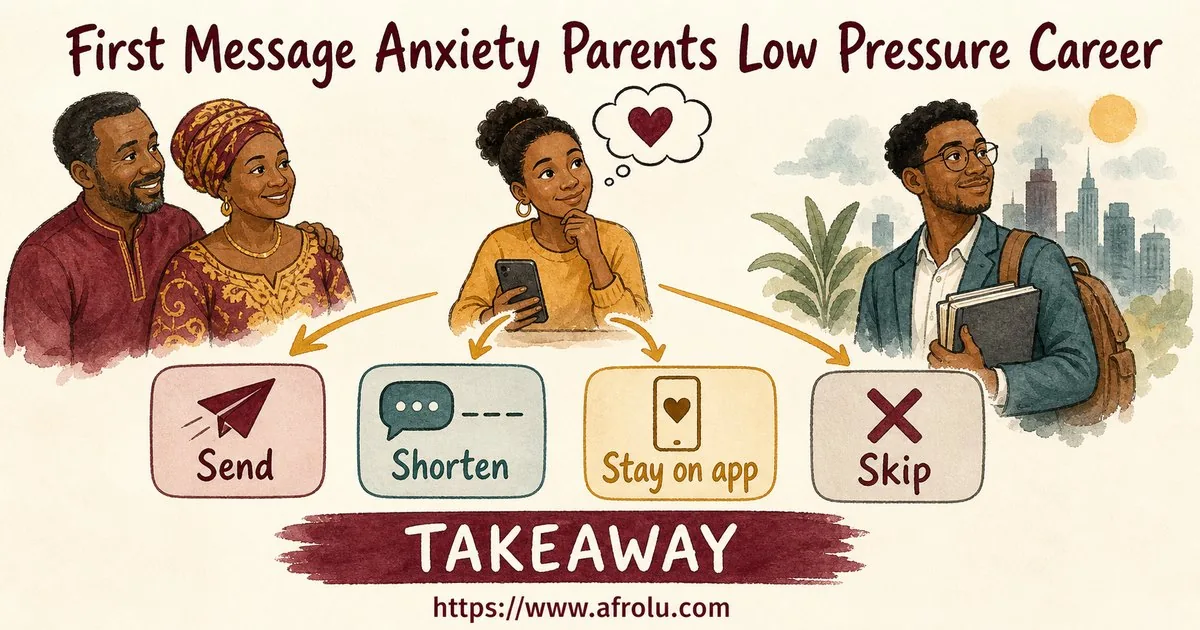 First Message Anxiety: Send a Doorway, Not an Audition for Parents Returning To Dating: Low-pressure in Career-Heavy Seasons: Afrolu practical takeaway