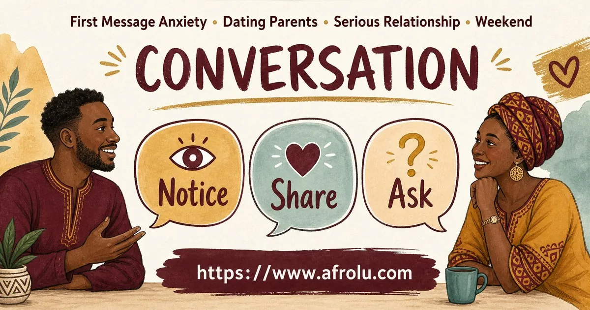 First Message Anxiety: Send a Doorway, Not an Audition for Parents Returning To Dating: Intent-first in Weekend-First Dating: Afrolu conversation example