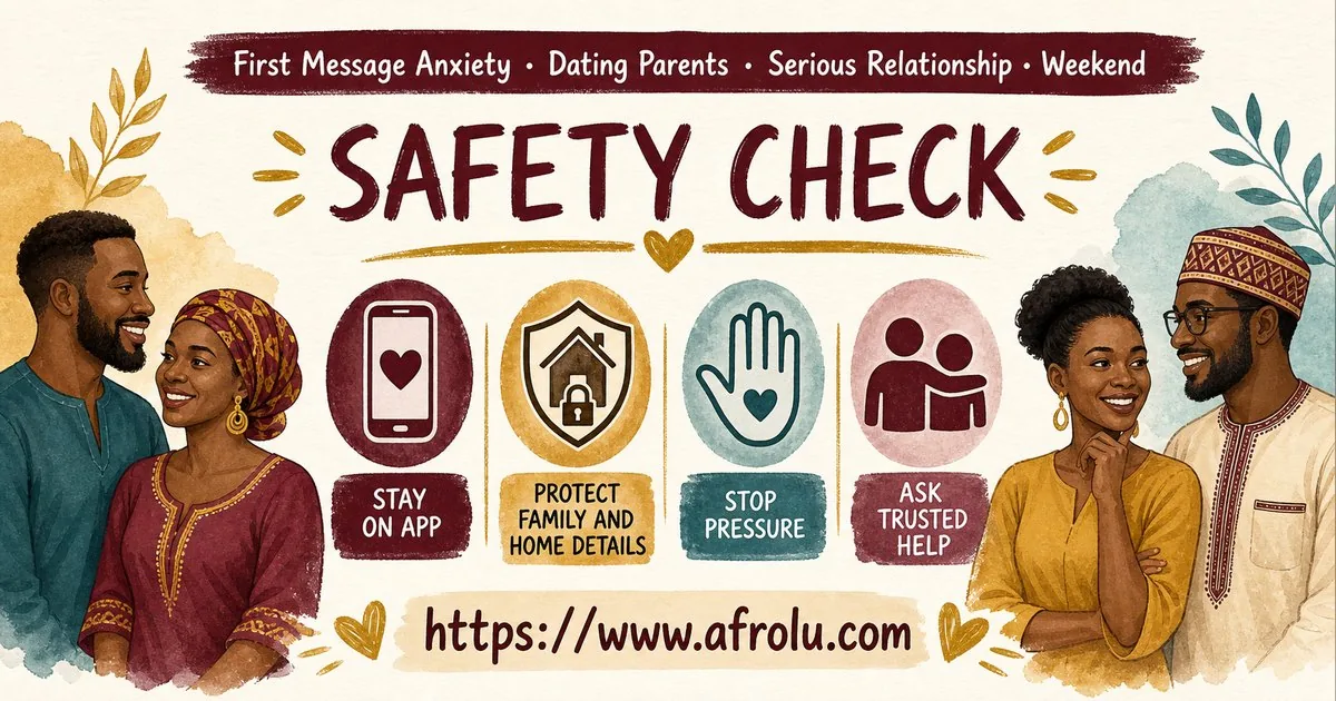First Message Anxiety: Send a Doorway, Not an Audition for Parents Returning To Dating: Intent-first in Weekend-First Dating: Afrolu safety checklist