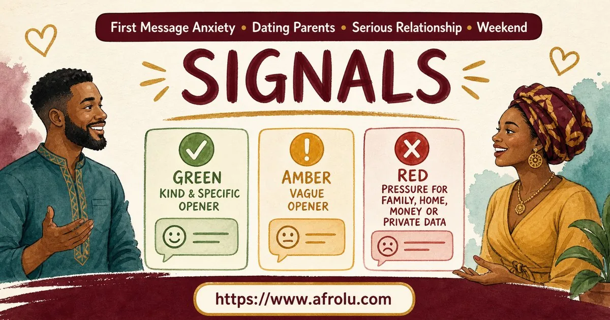 First Message Anxiety: Send a Doorway, Not an Audition for Parents Returning To Dating: Intent-first in Weekend-First Dating: Afrolu signal checklist