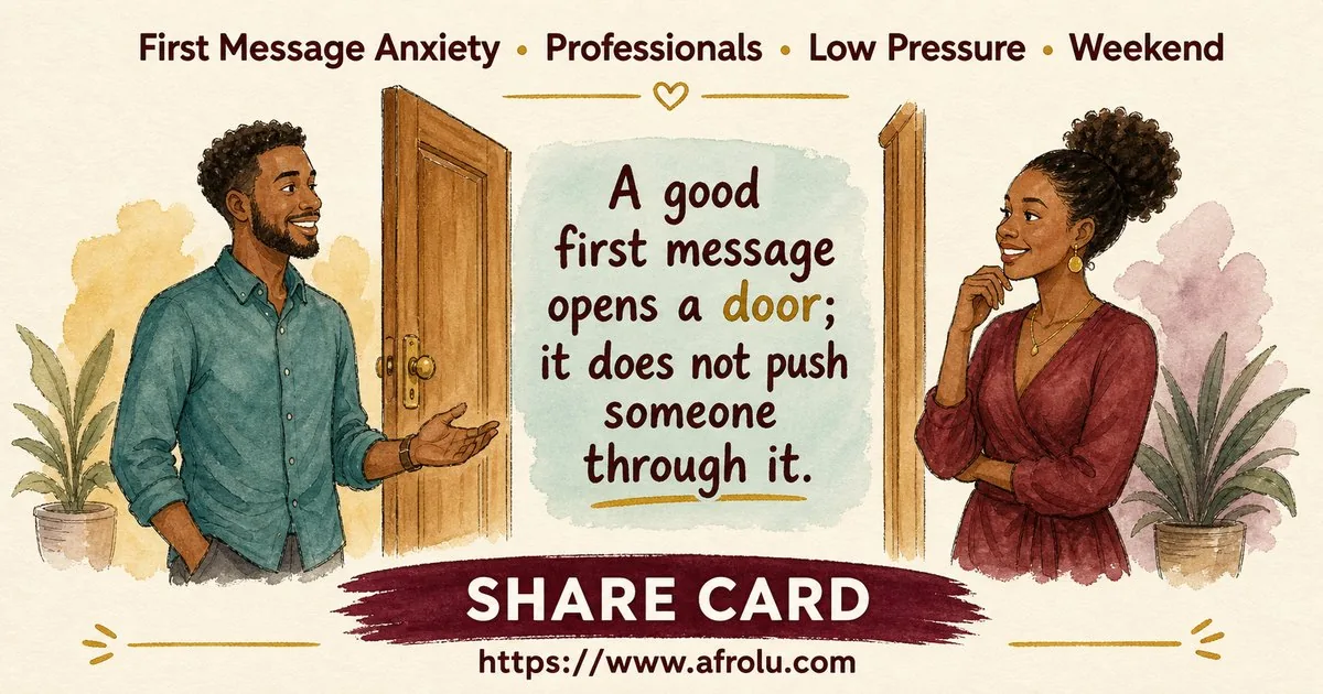 First Message Anxiety: Send a Doorway, Not an Audition for Professionals: Low-pressure in Weekend-First Dating: Afrolu shareable reminder