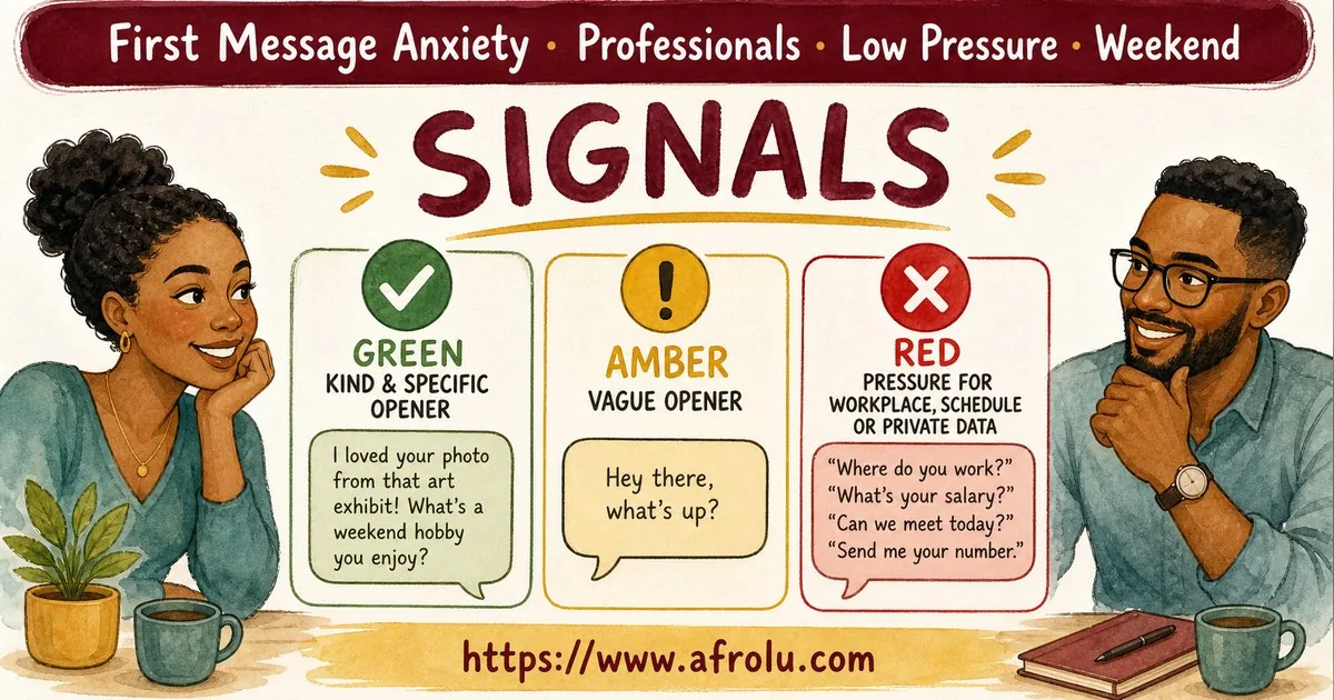 First Message Anxiety: Send a Doorway, Not an Audition for Professionals: Low-pressure in Weekend-First Dating: Afrolu signal checklist