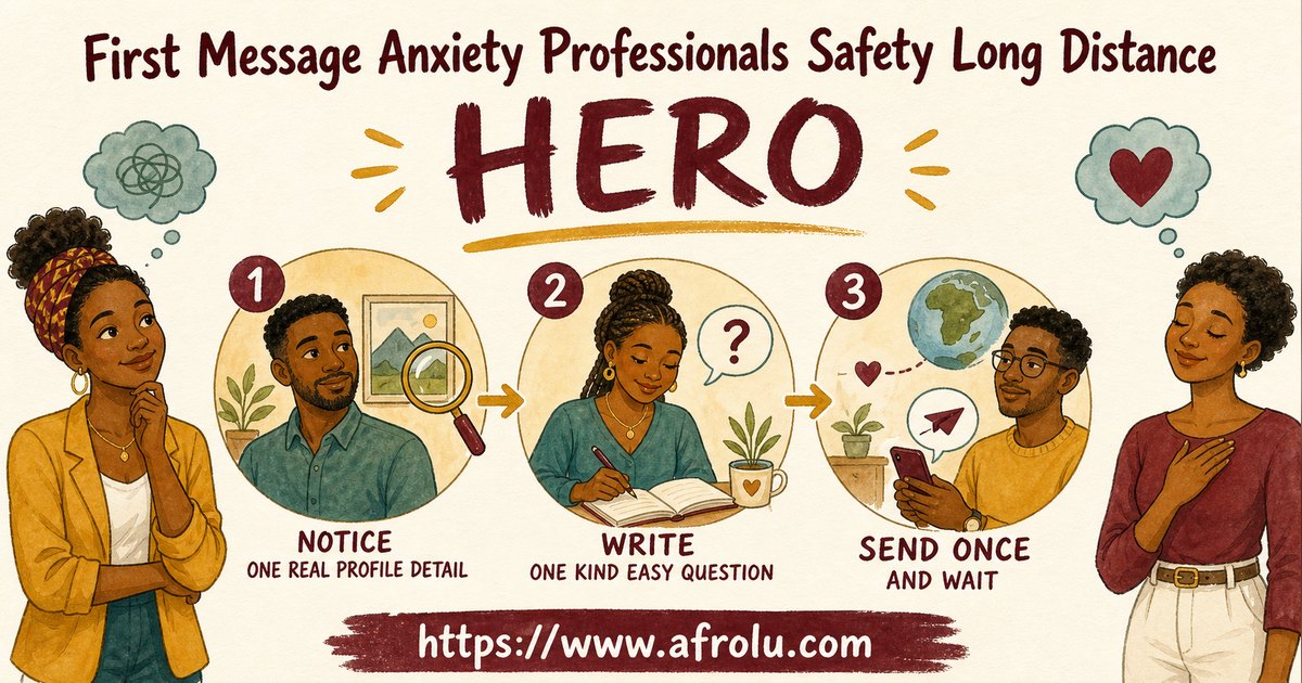 First Message Anxiety: Send a Doorway, Not an Audition for Professionals: Safety-first in Distance-Aware Dating: Afrolu overview illustration