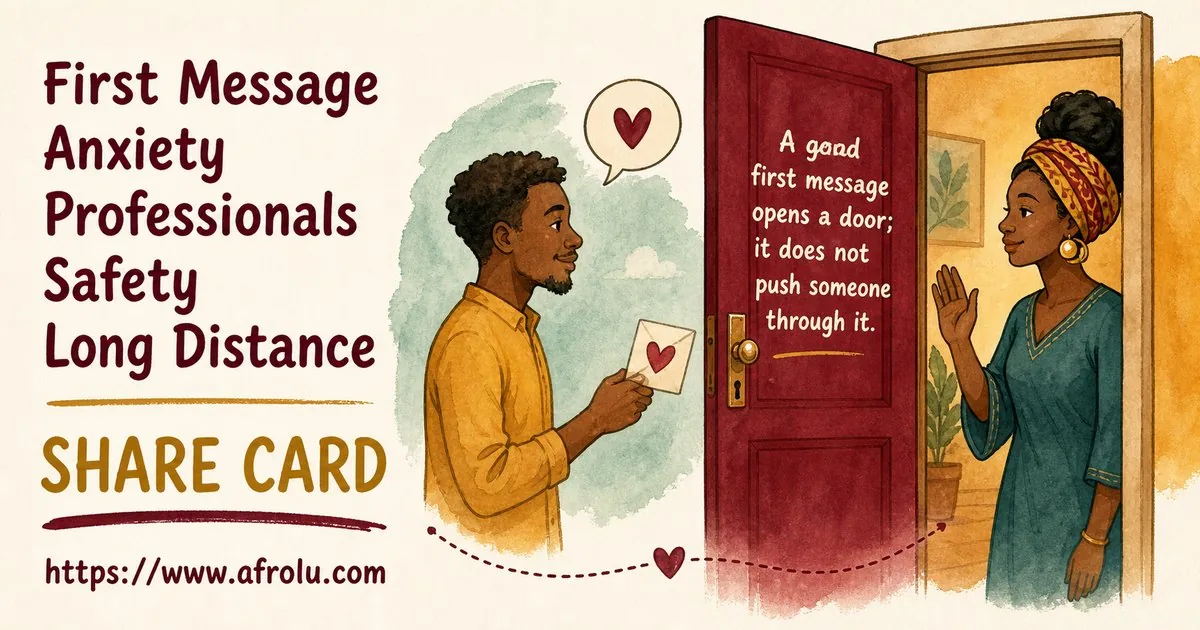 First Message Anxiety: Send a Doorway, Not an Audition for Professionals: Safety-first in Distance-Aware Dating: Afrolu shareable reminder