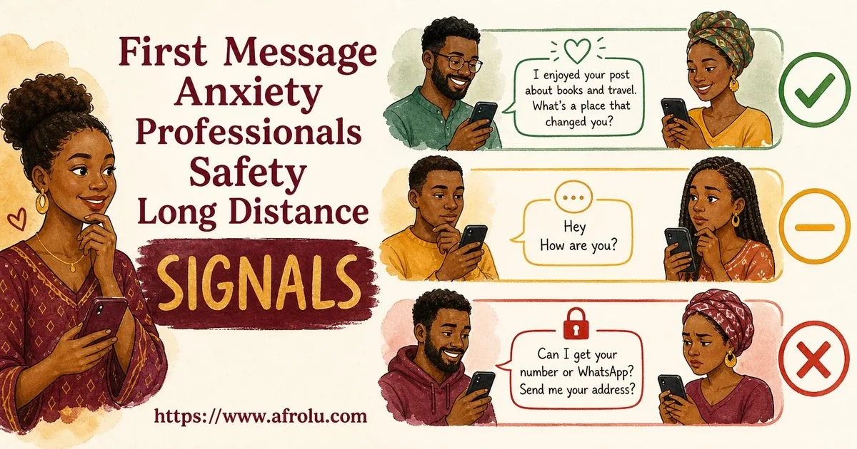 First Message Anxiety: Send a Doorway, Not an Audition for Professionals: Safety-first in Distance-Aware Dating: Afrolu signal checklist